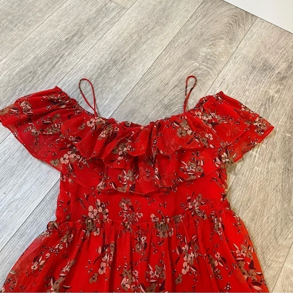 ZARA Red Floral Off The Shoulder Ruffled Tiered Chiffon Midi Dress Size XS - Picture 10 of 17